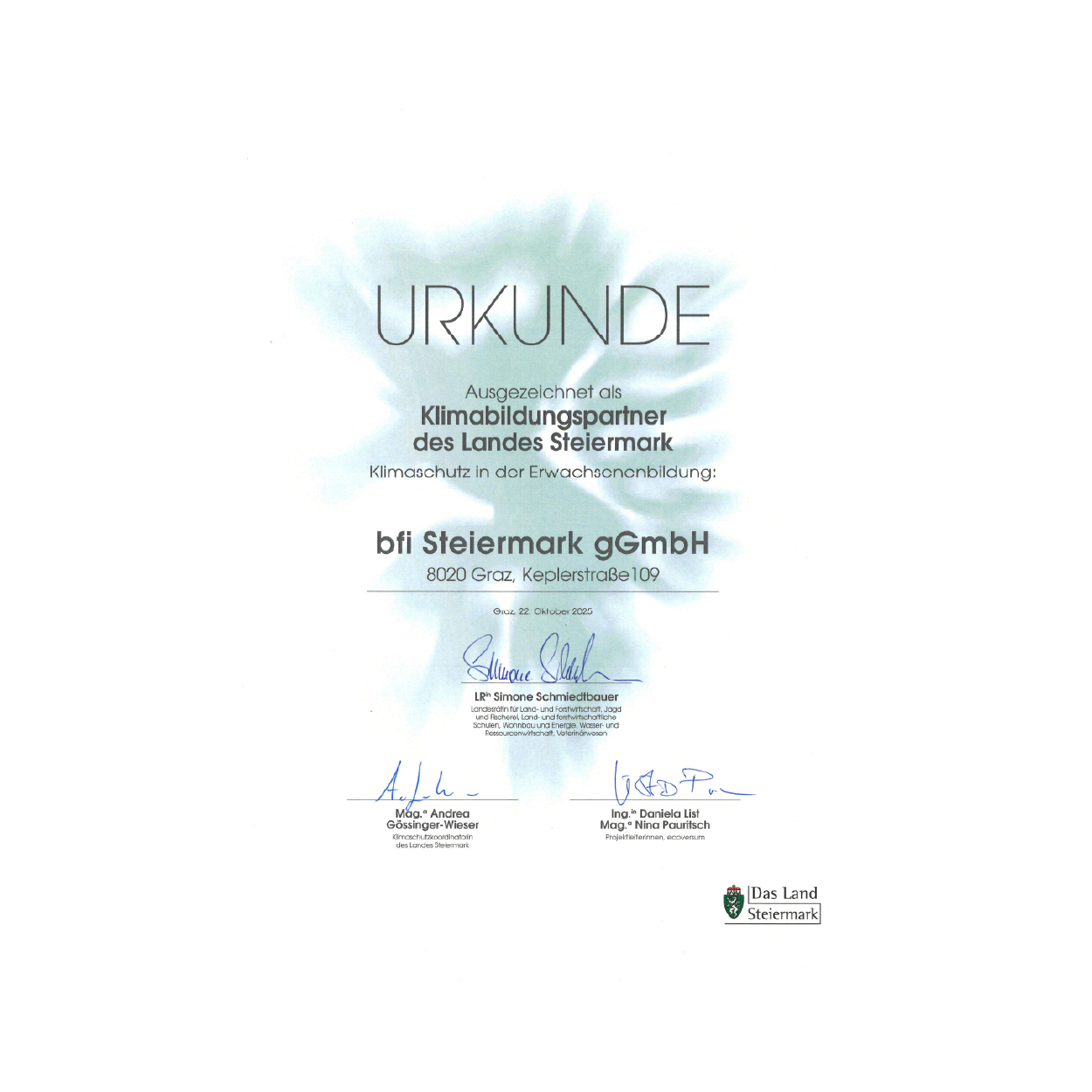 Urkunde Klimabildungspartner des Landes Steiermark