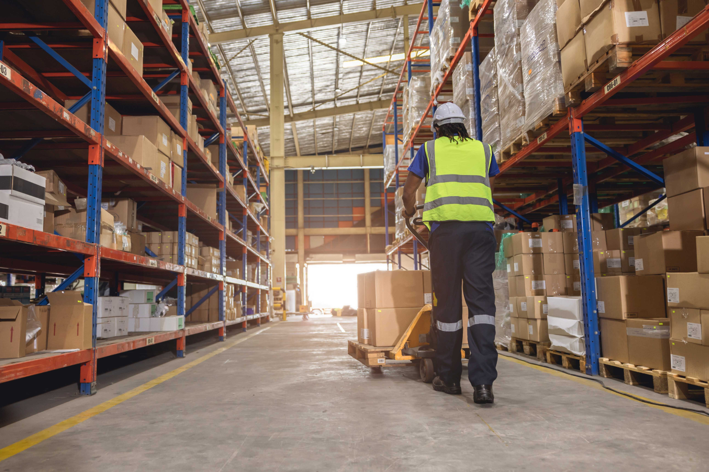 Mann geht mit Hubstapler, der mit Kartons beladen ist, einen Gang in einer Lagerhalle entlang, Arbeit in der Branche Logistik, Lager und Transport